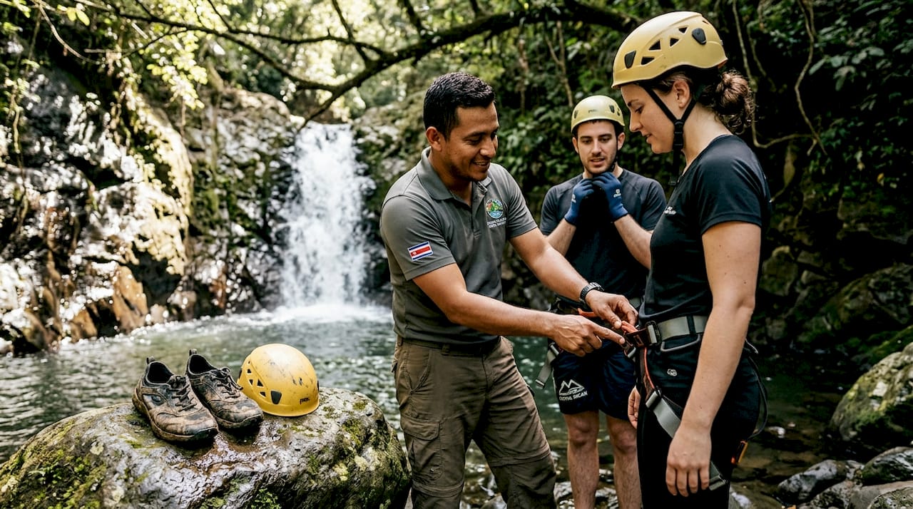 Guide showing harness safety by waterfall