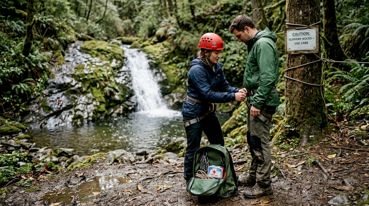 Guide preparing guest for safe waterfall activity