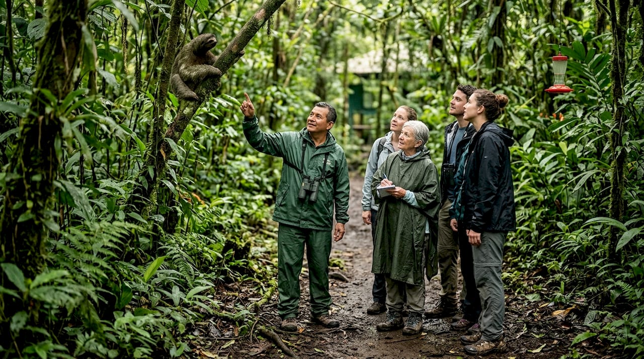 Guide points out sloth to tourists in rainforest