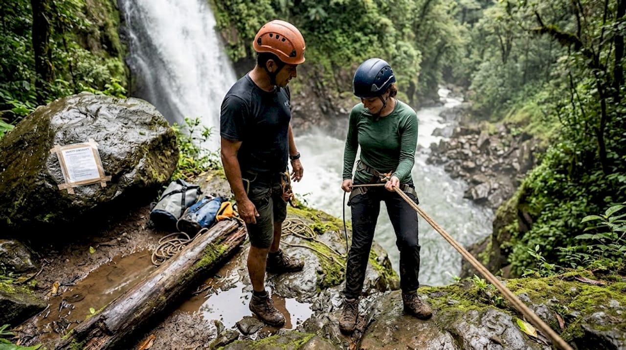 Guide helps traveler start canyoning by waterfall