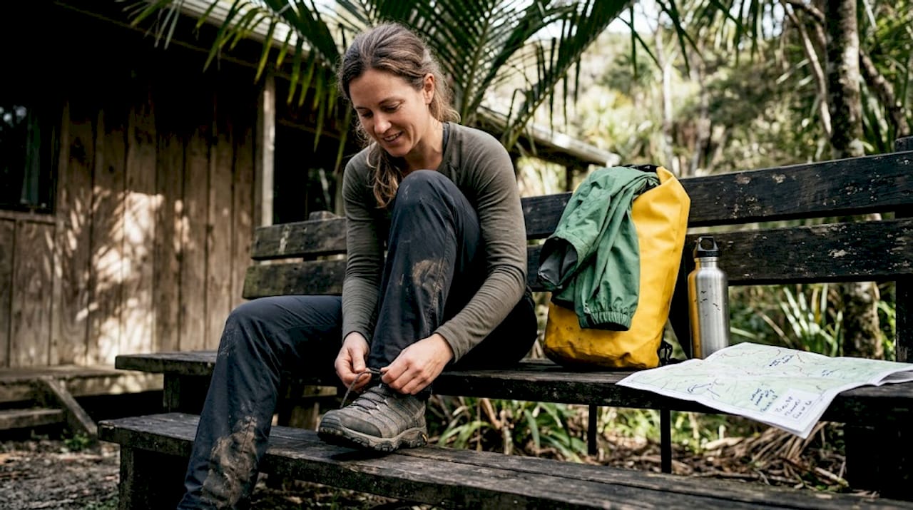 Traveler preparing hiking gear before waterfall trek
