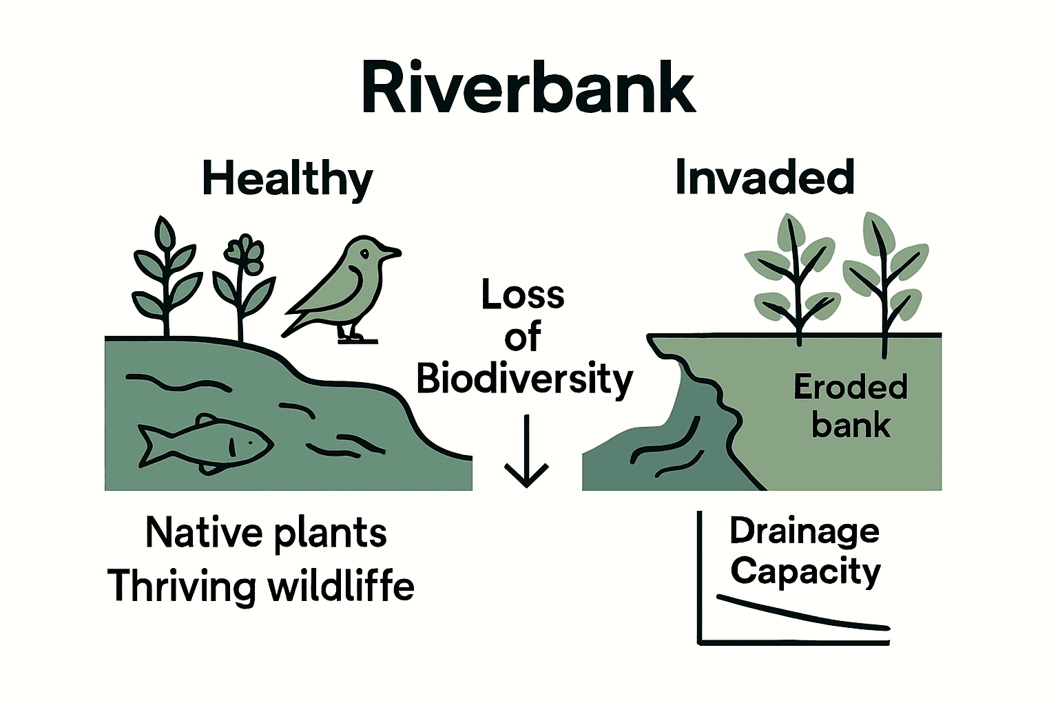 Infographic comparing healthy and knotweed-invaded riverbanks and water flow risks.