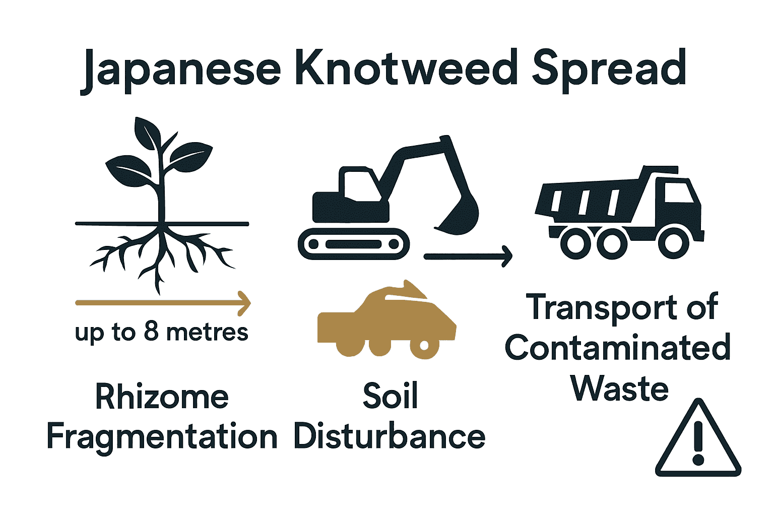 Infographic showing how Japanese knotweed spreads underground, through soil movement, and via contaminated waste.