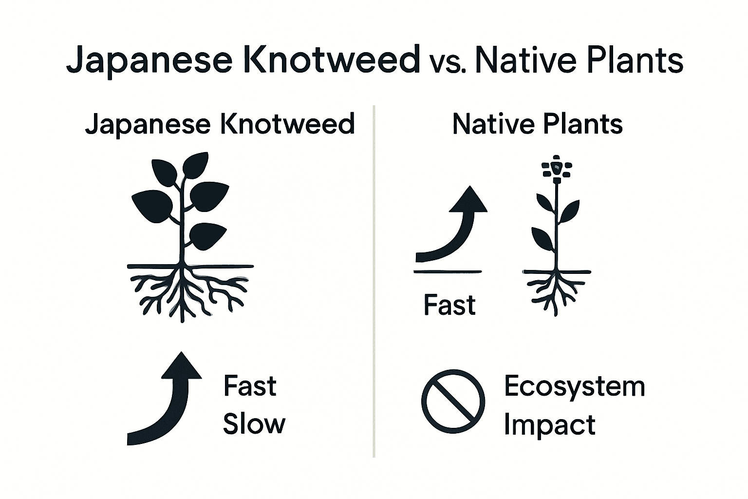 Infographic comparing Japanese knotweed and native plants by root structure and environmental impact.