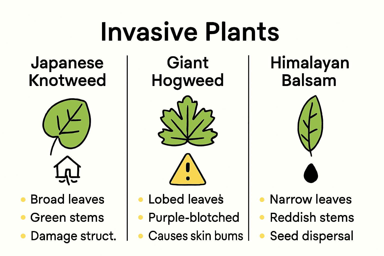 Infographic comparing features of Japanese Knotweed, Giant Hogweed, and Himalayan Balsam.