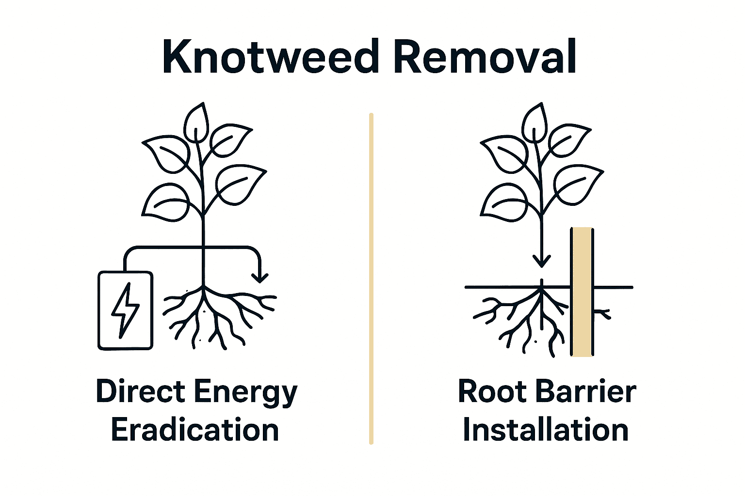 Infographic comparing energy treatment versus root barrier for knotweed control