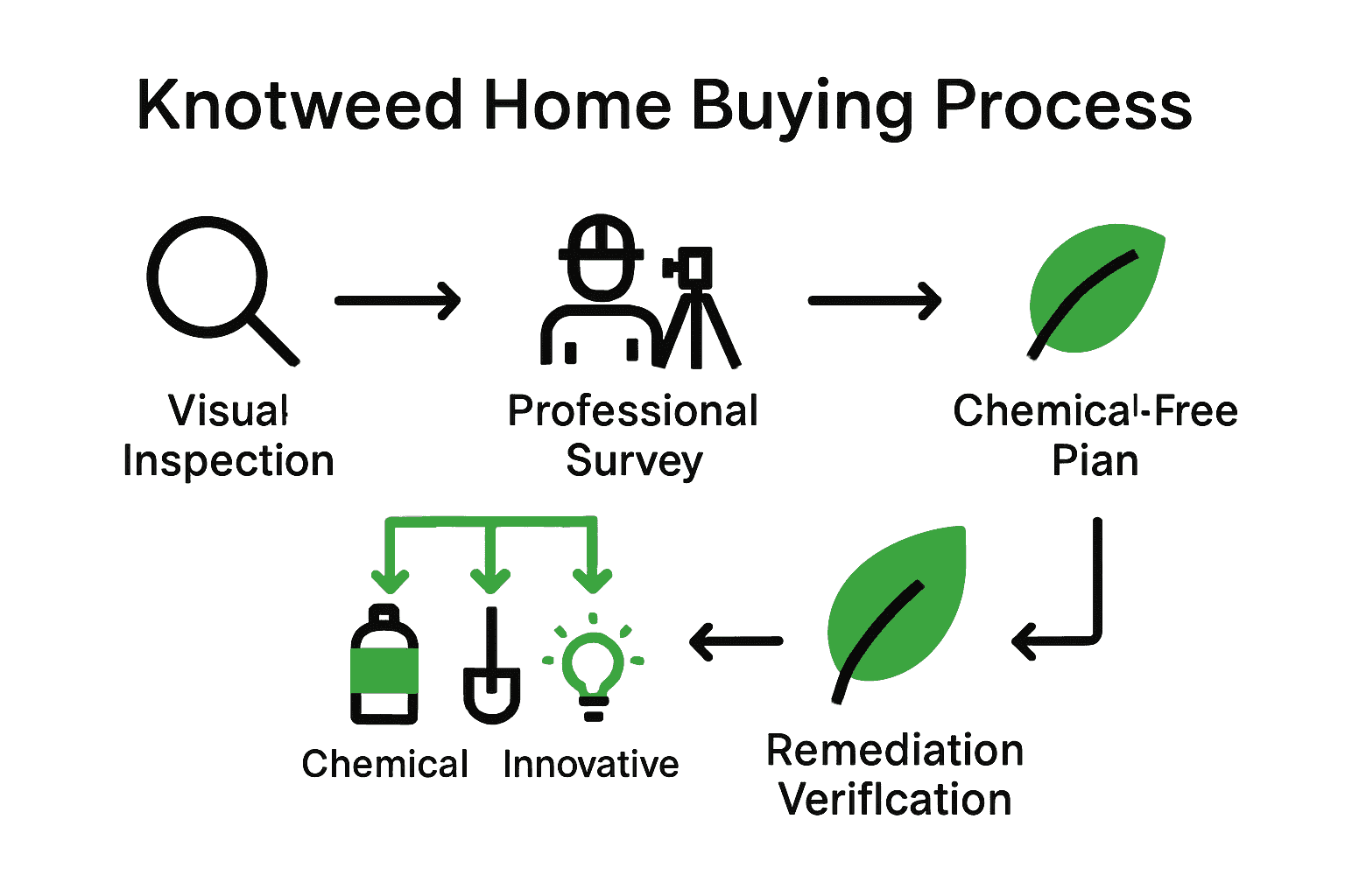 Infographic showing steps to buy a house with knotweed safely.