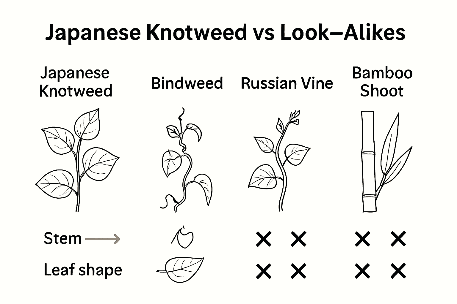 Infographic comparing Japanese knotweed and look-alikes with sketches and identification features.