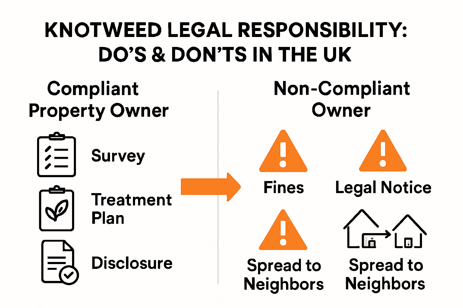 Infographic contrasting compliant and non-compliant knotweed management responsibilities for UK property owners
