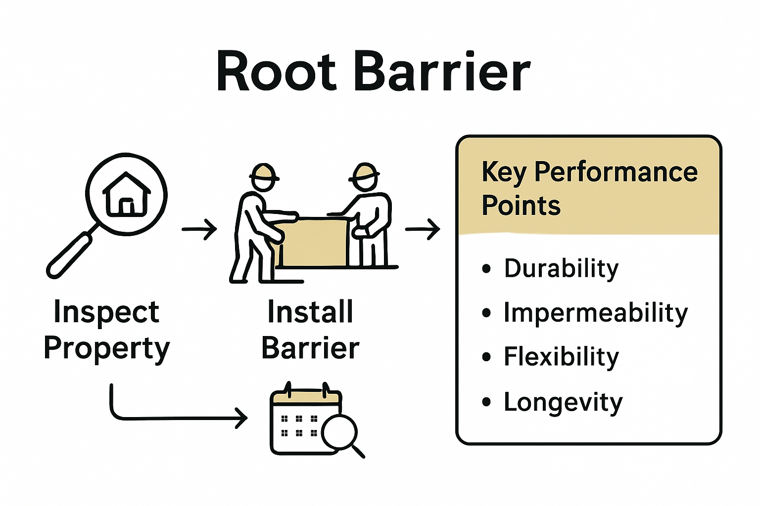 Infographic illustrating knotweed root barrier assessment, installation, and monitoring steps