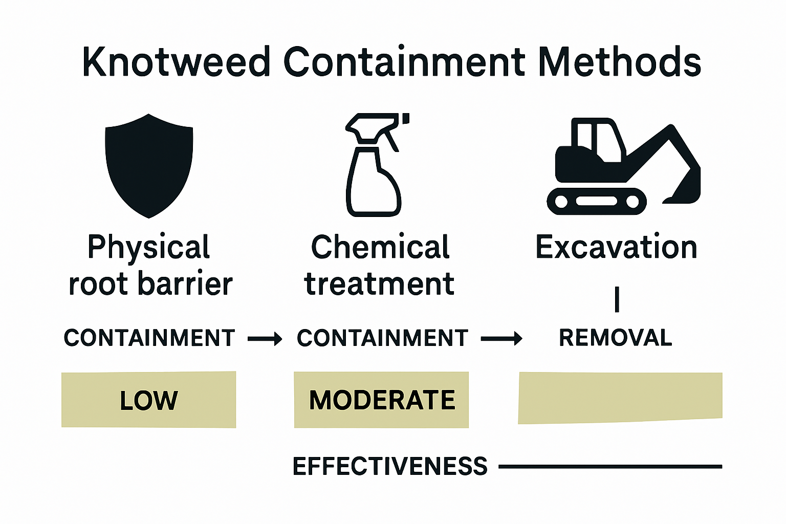 Infographic comparing main Japanese knotweed containment methods with icons and summary information.