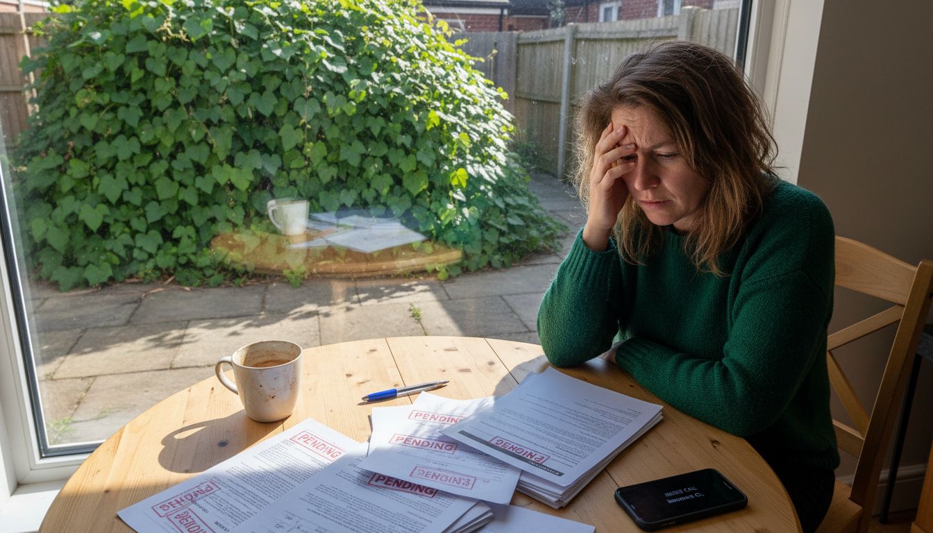 Homeowner reviewing insurance documents, knotweed outside