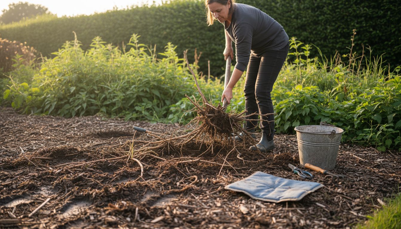 Woman digging knotweed roots garden