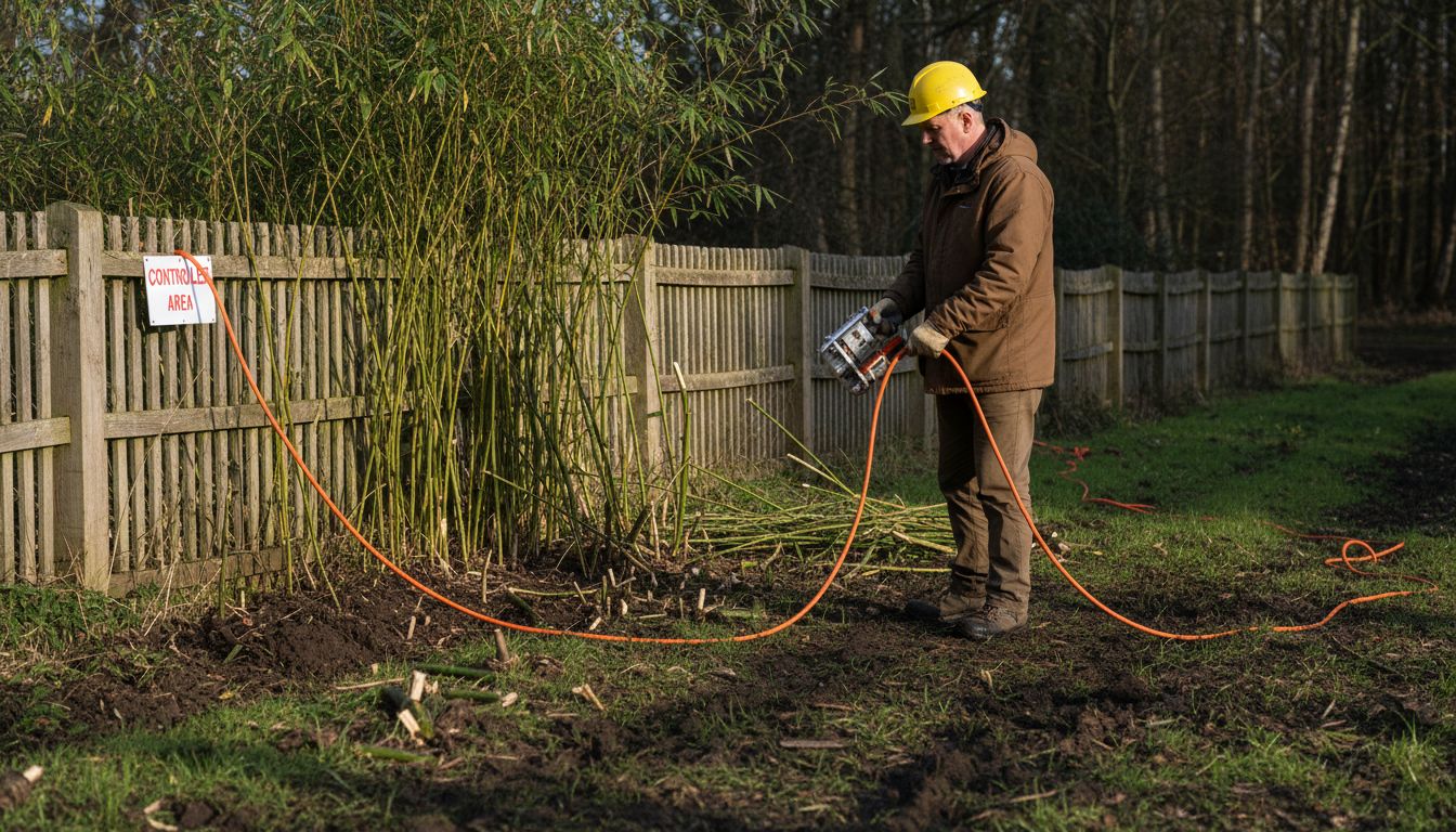 Technician applying thermo-electric knotweed treatment