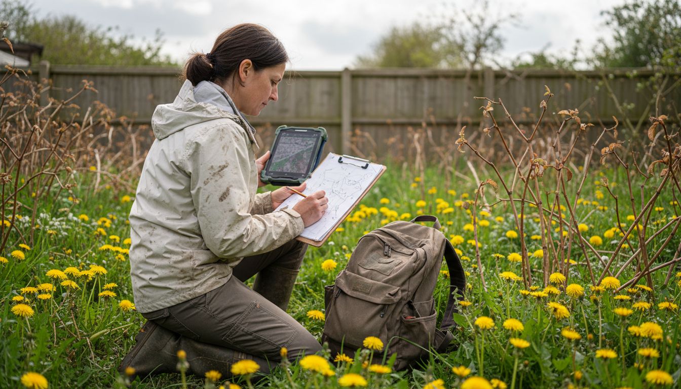 Consultant mapping knotweed locations outdoors