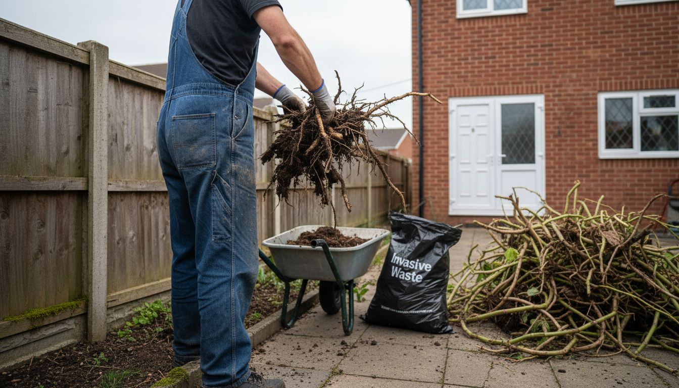 Gardener handling knotweed root disposal