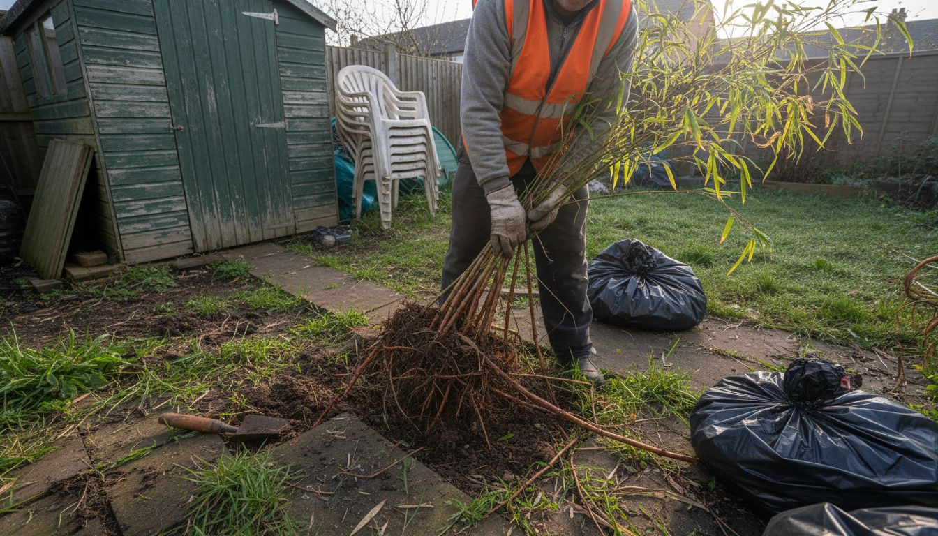 Worker removing knotweed in home garden