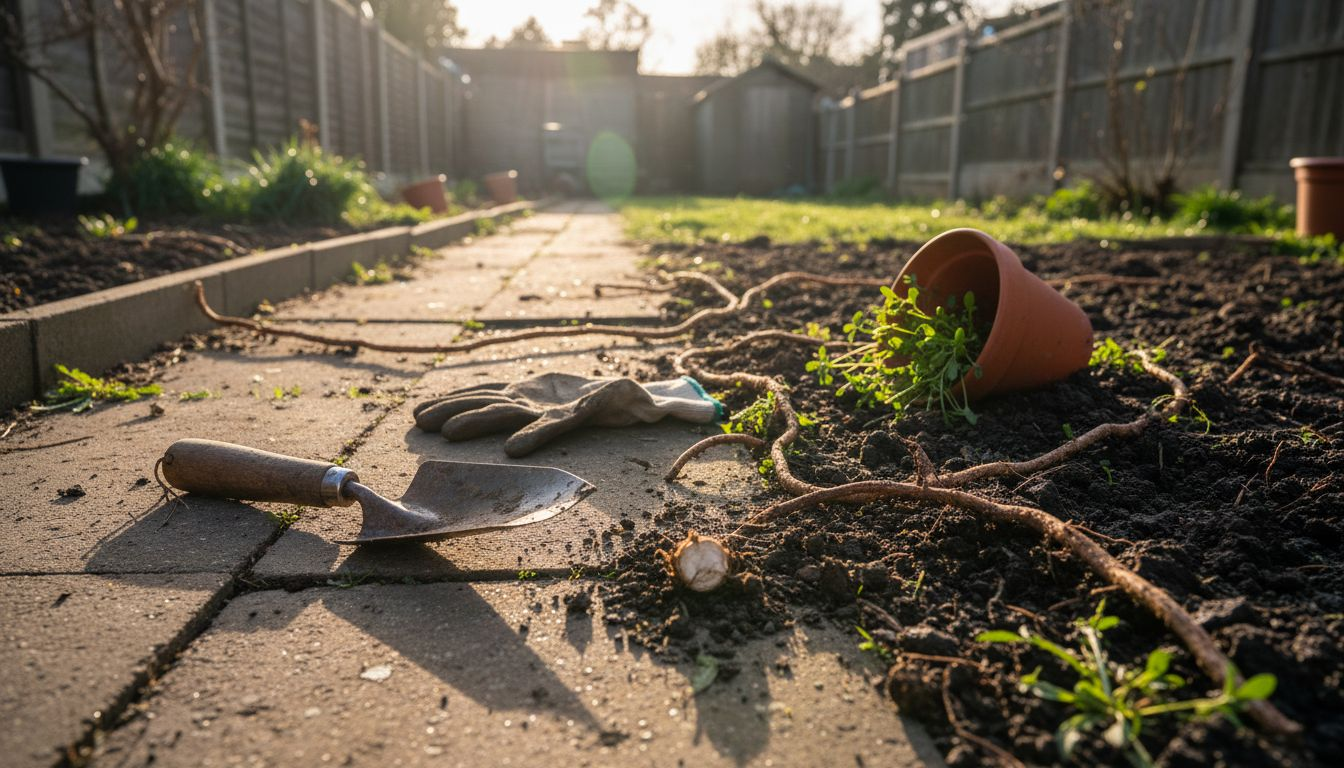 Knotweed rhizomes under garden paving