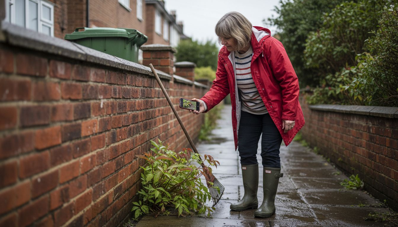 Woman photographing knotweed by boundary