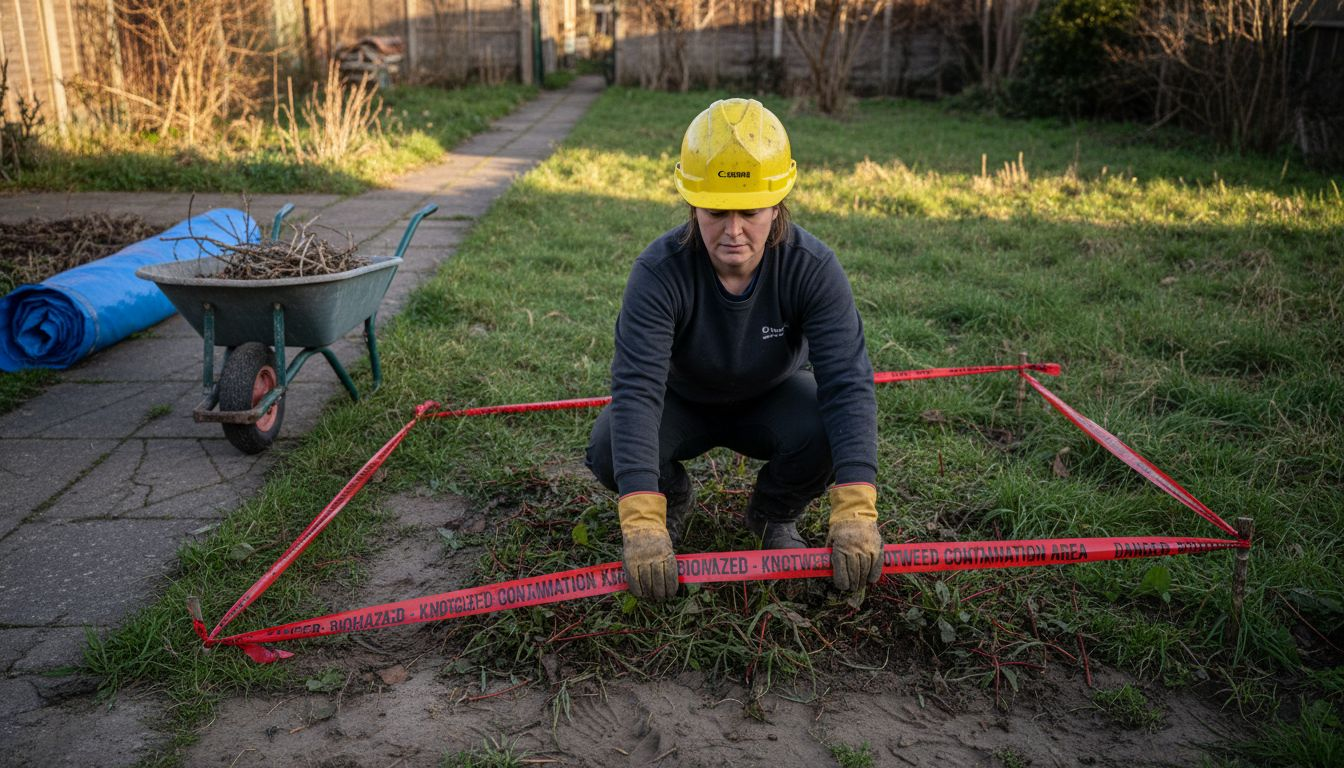 Worker marking knotweed containment boundary
