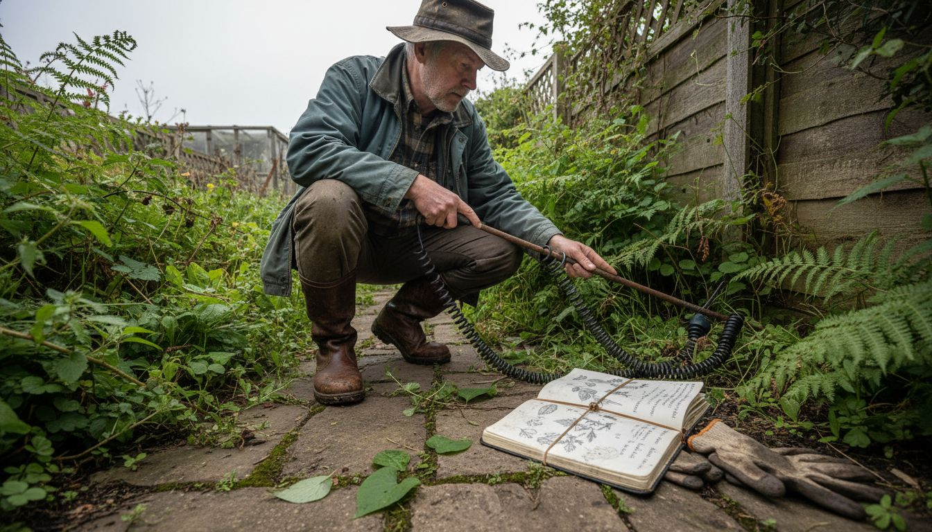Surveyor inspecting garden for knotweed signs