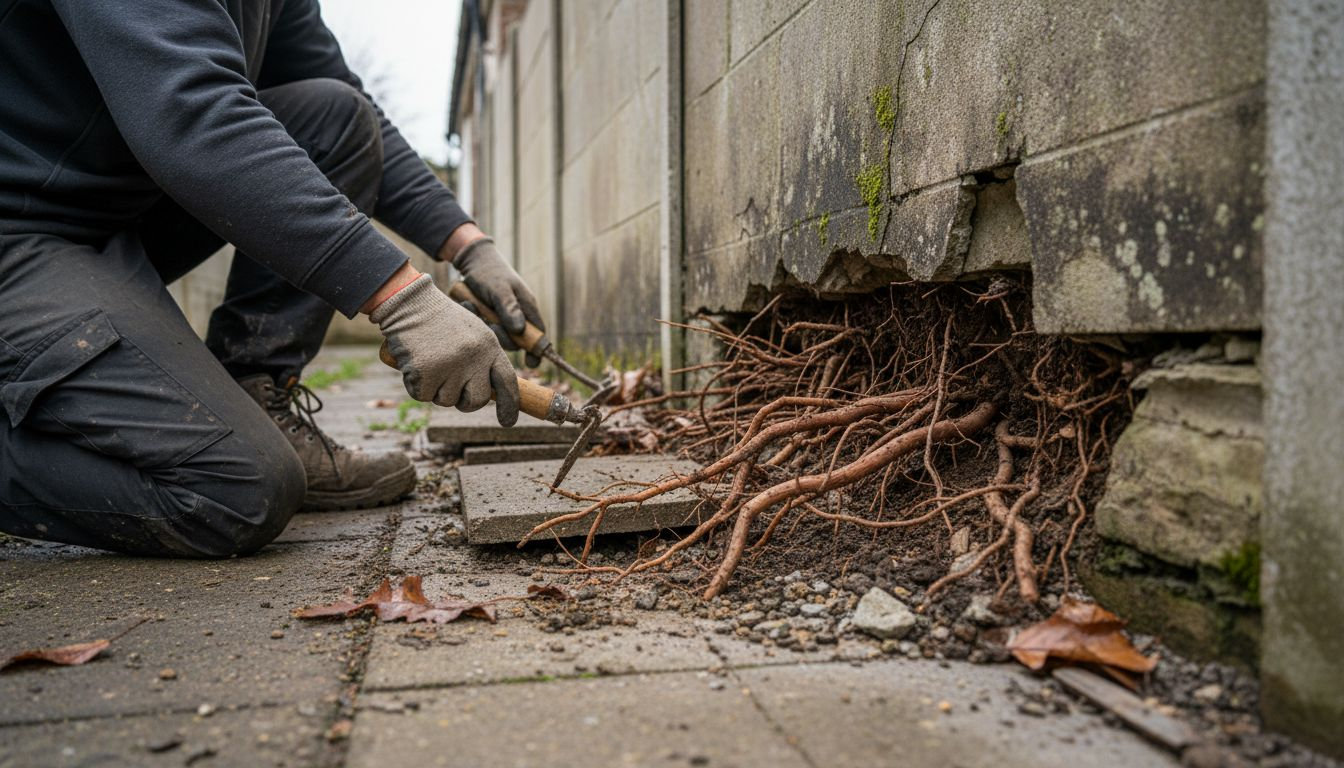 Roots of knotweed damaging house foundation