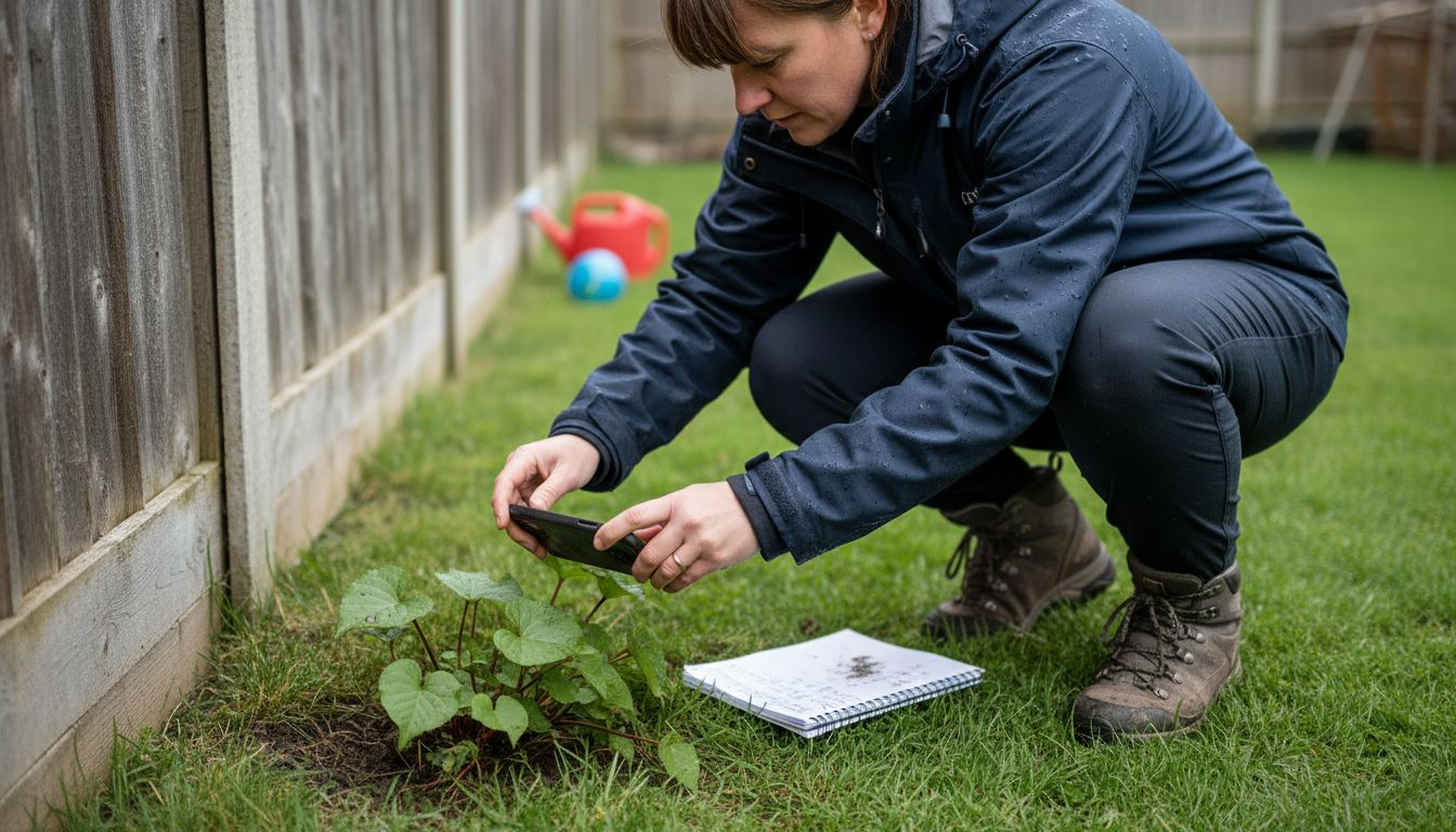 Surveyor documenting knotweed in UK garden