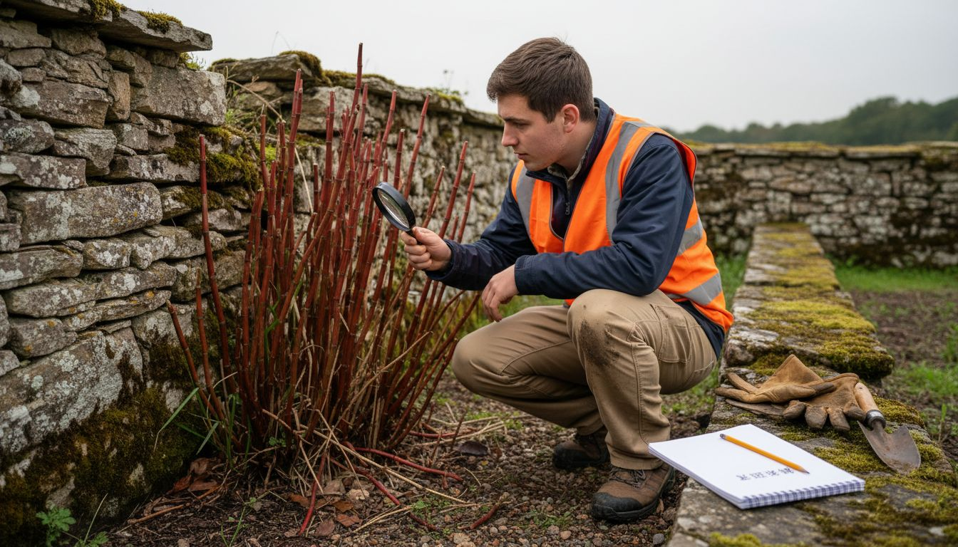 工作人员正在细致观察日本虎杖的茎部，仔细检查其生长情况。