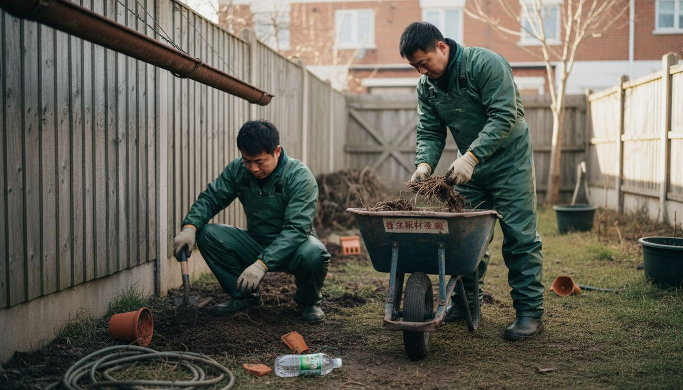 工人们正在用手工工具清理地里的虎杖杂草。