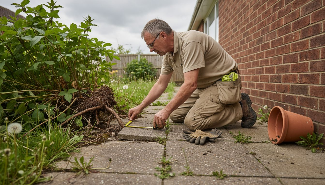 Surveyor inspects Japanese Knotweed near foundation
