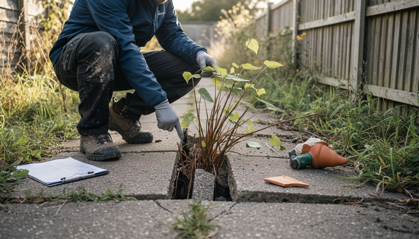 Surveyor examining Japanese Knotweed damage