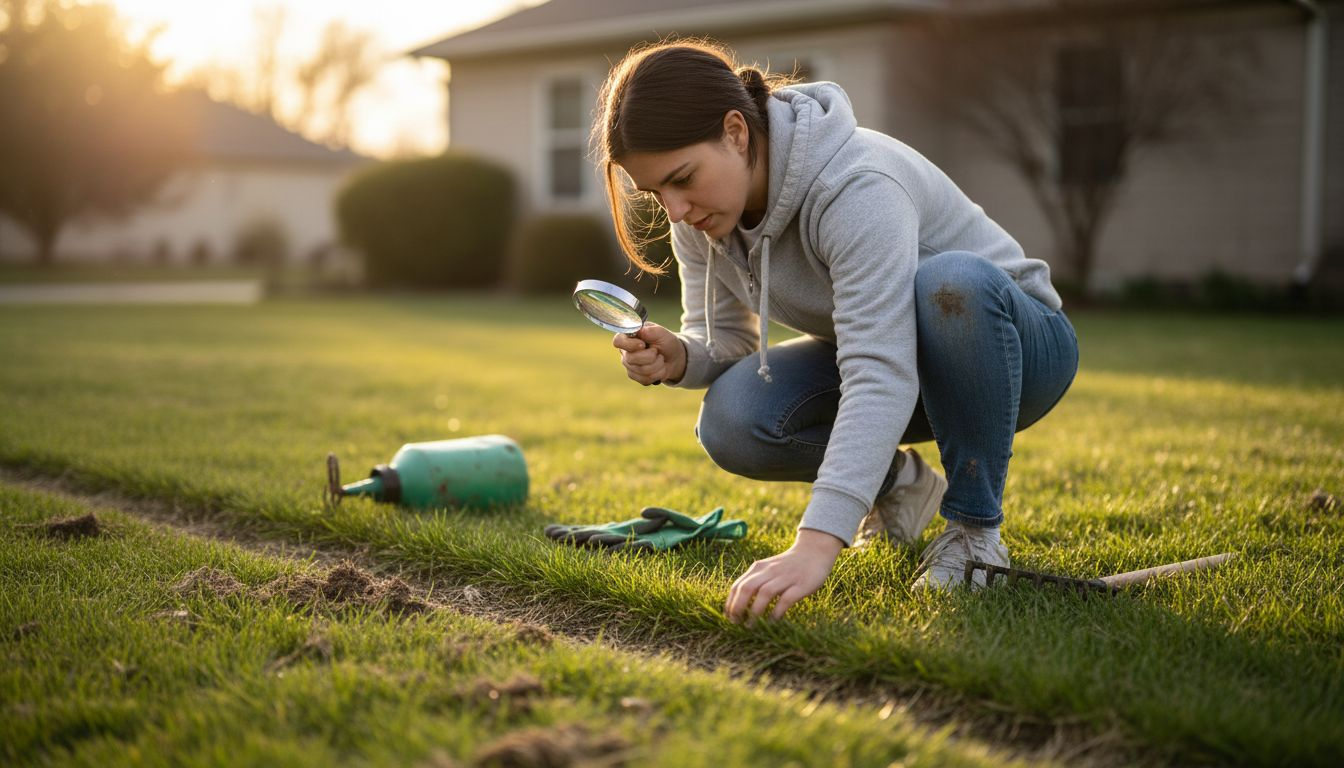 女主人蹲在自家草坪上，仔细观察着地上的结缕草，生怕漏掉任何细节。