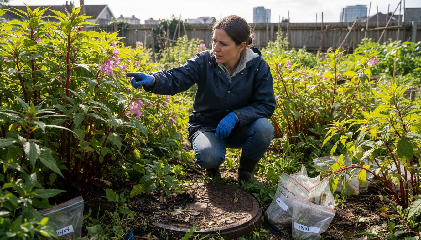 Botanist inspects invasive plant traits outdoors
