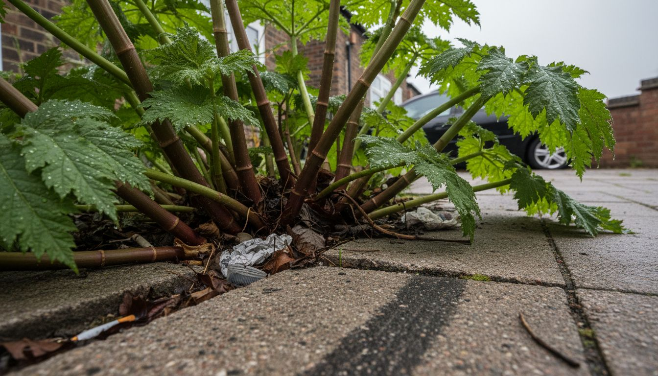 Closeup invasive weeds breaking through concrete