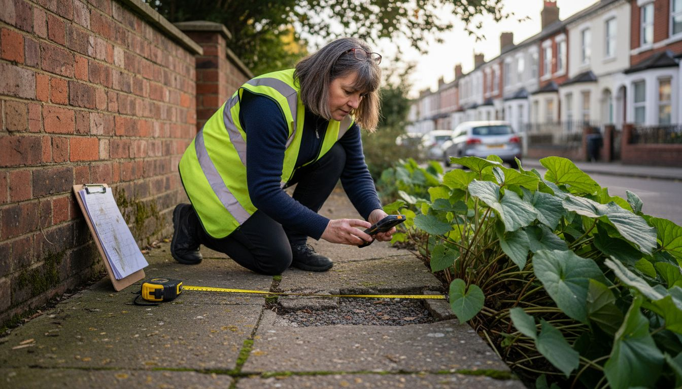 Surveyor examines knotweed beside house path