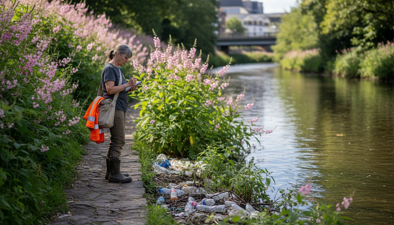 Officer noting invasive balsam on city riverbank