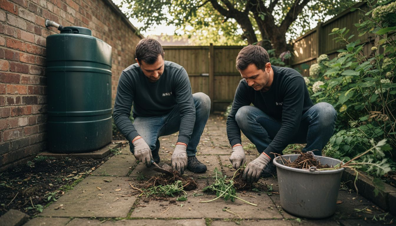 工人们在湿润的花园里辛勤地用手拔除杂草,确保花园环境整洁美观。