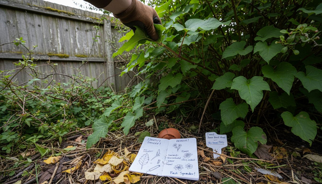 Close-up identifying Japanese Knotweed in garden