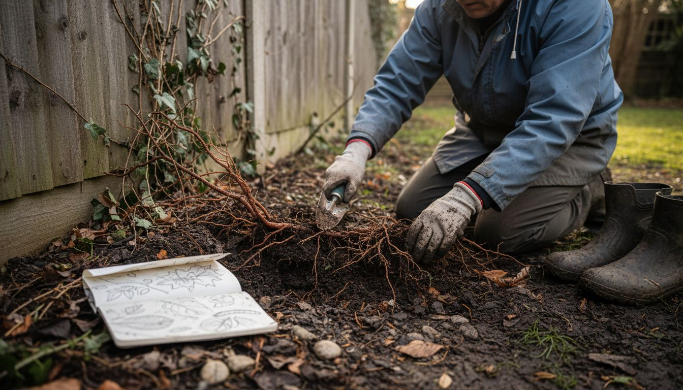 在自家院子的围栏旁仔细查看虎杖的根部生长情况