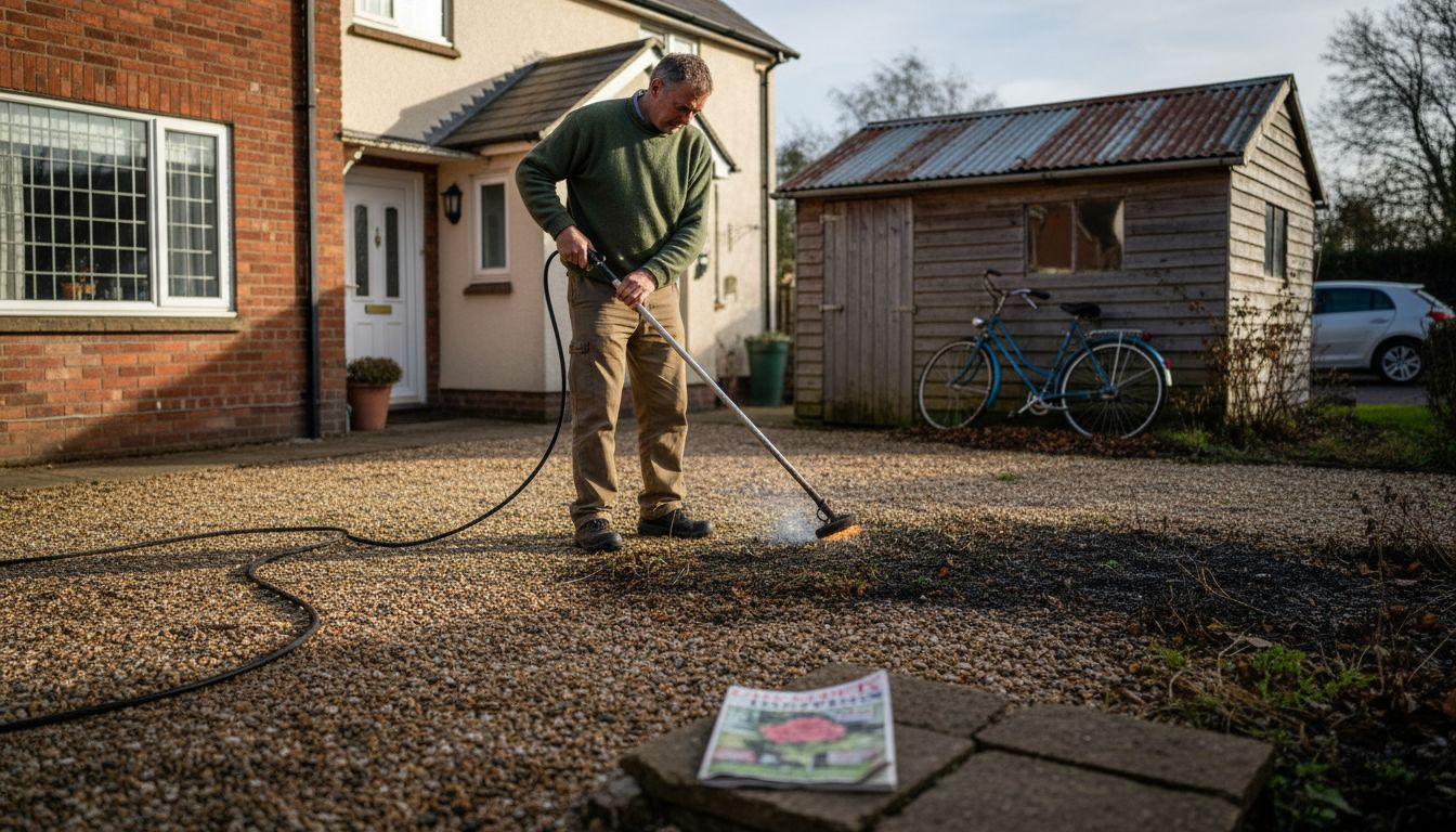 Gardener uses thermal tool for weed removal