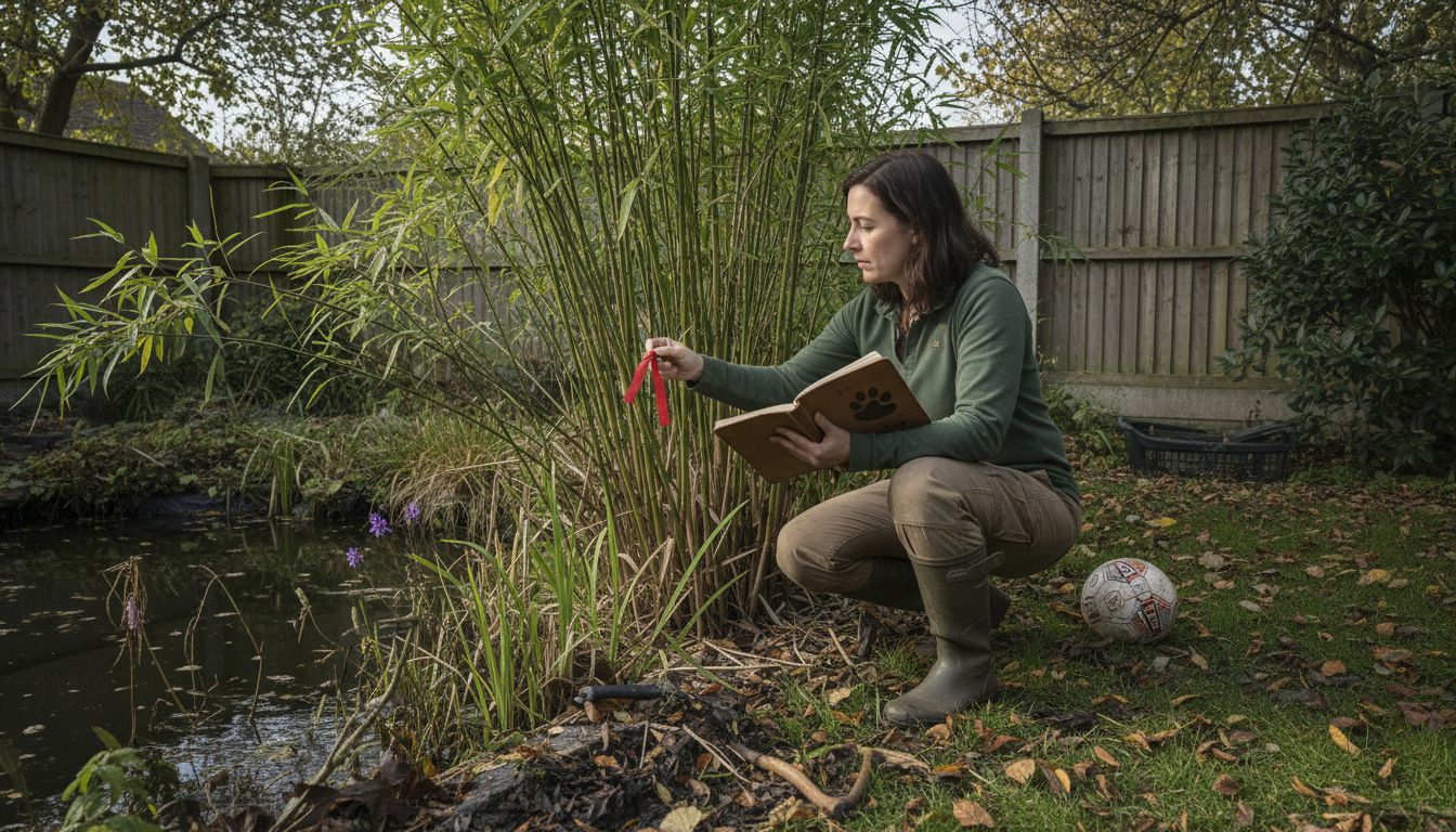 Botanist tagging Japanese knotweed outdoors