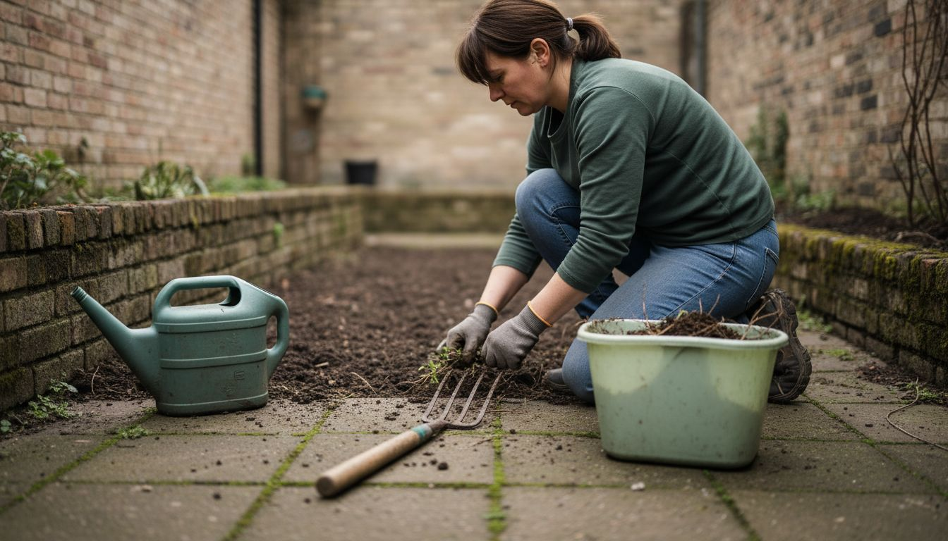 Woman manually pulling backyard weeds