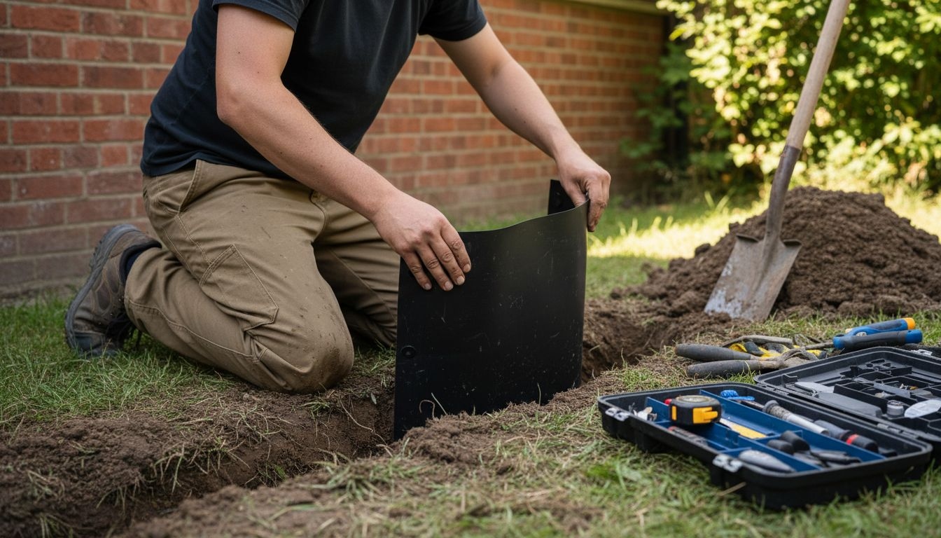 为了防止植物根系蔓延，主人特意在花坛周围安装了防根隔板。