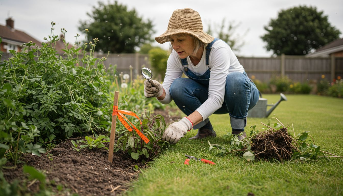 Homeowner closely inspecting garden border plants