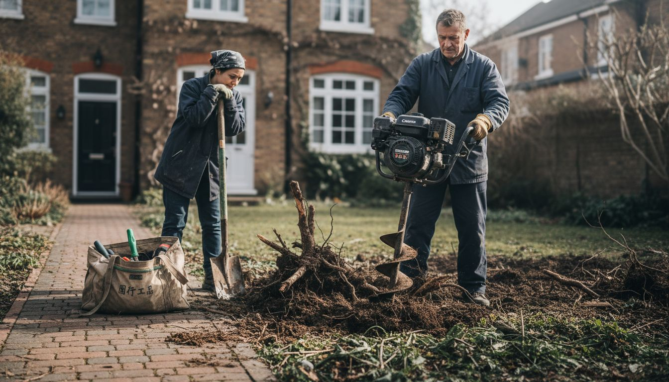 园林工人在清理有害杂草的根部