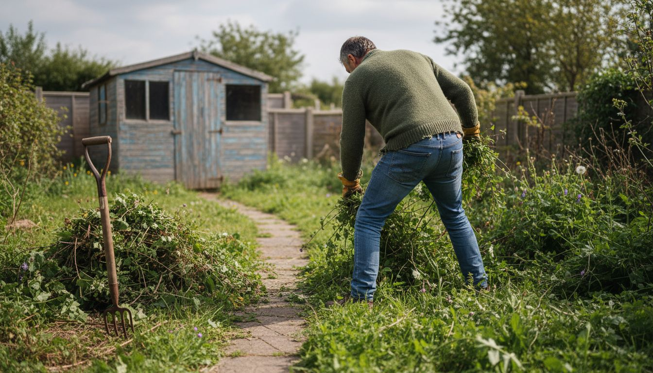 Homeowner struggling with backyard weed removal