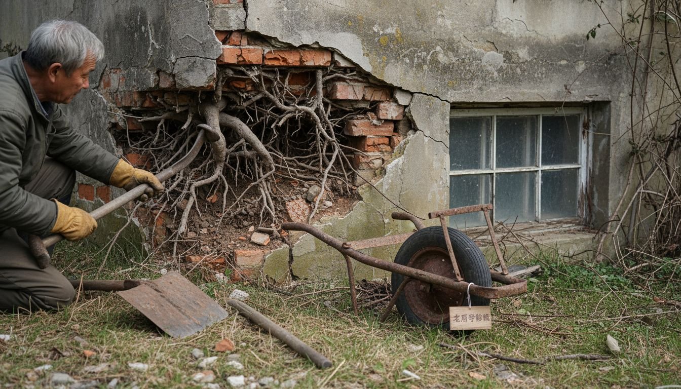 外来植物的根系侵入房屋地基,可能对房屋结构造成破坏。
