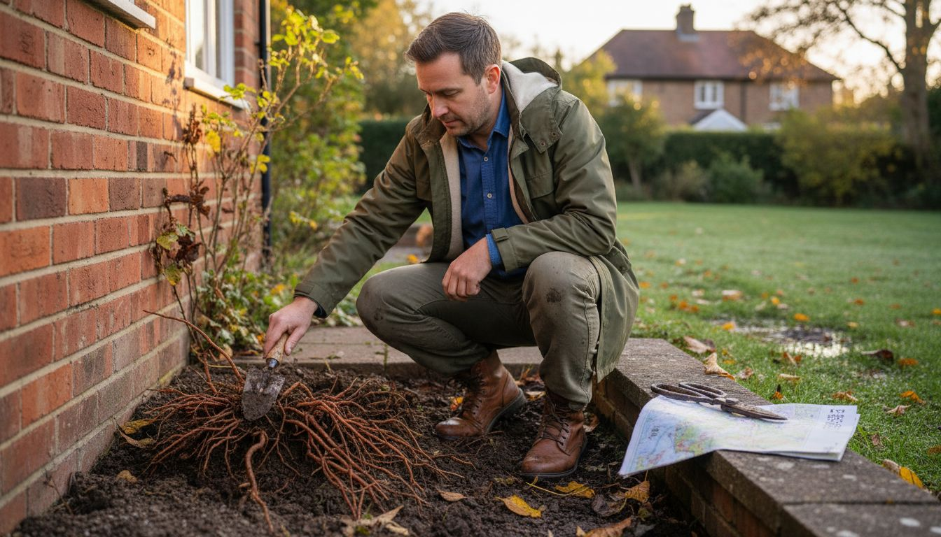 房产中介正在检查房屋地基附近的虎杖根部情况。