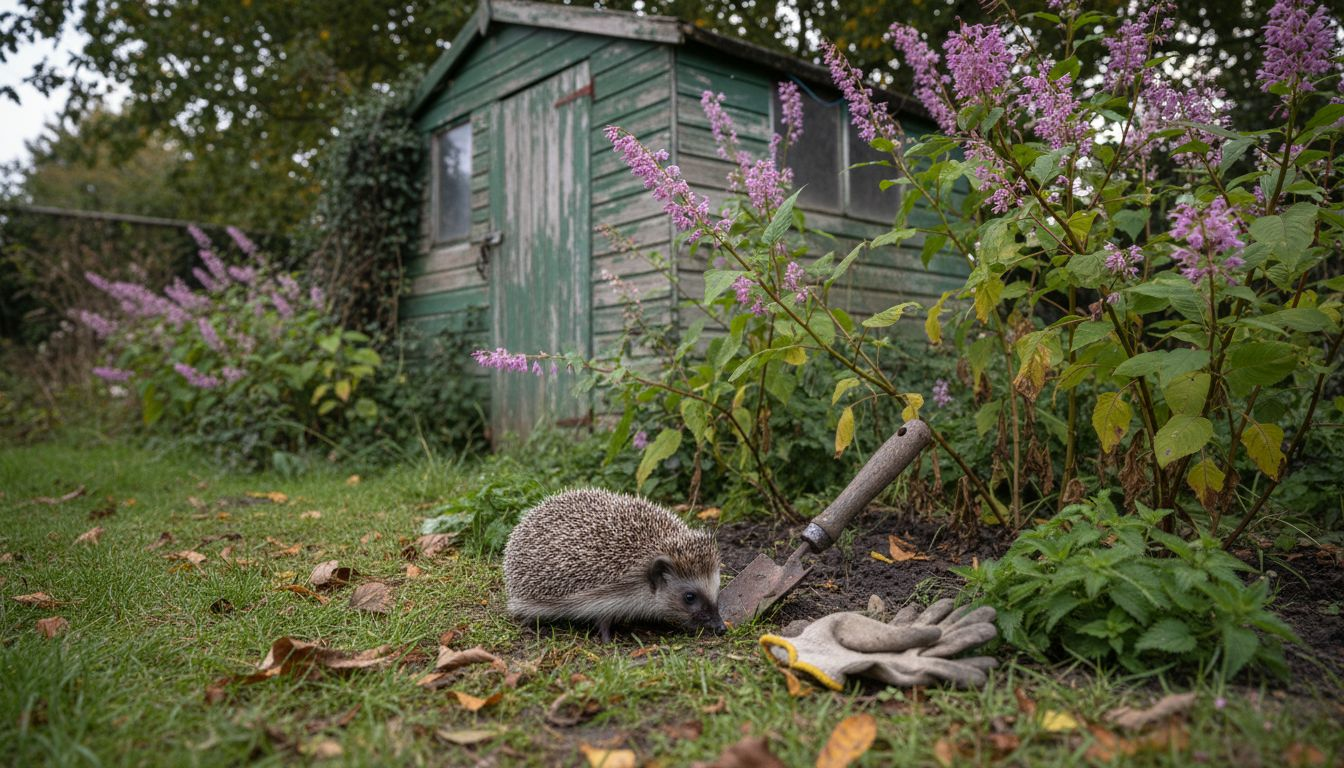 Hedgehog near invasive balsam in UK garden
