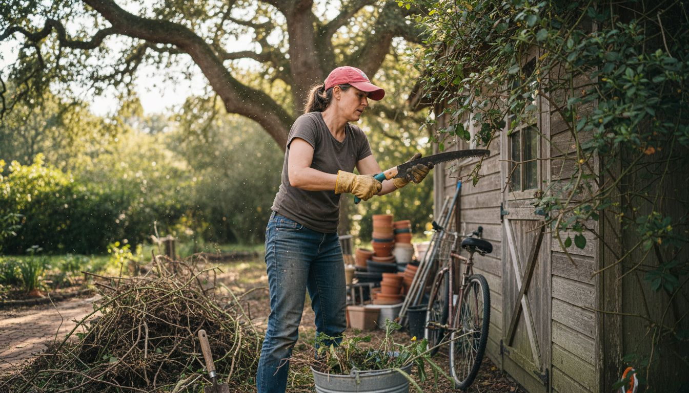 Landscaper clearing weeds by garden shed